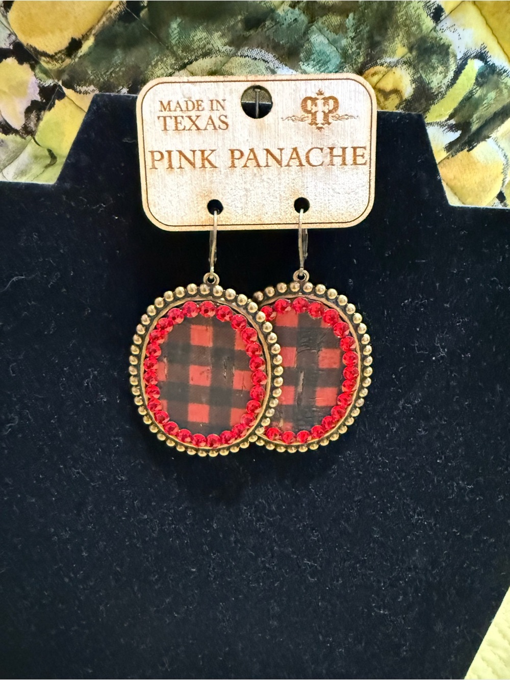 NWT Pink Panache Red Plaid Crystal Drop Earrings